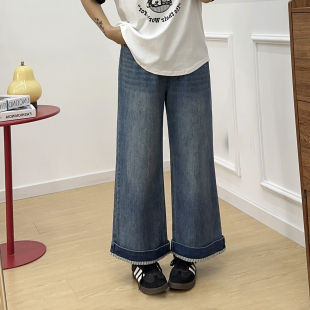 女装 直筒阔腿九分裤 胖mm春季 高腰显瘦弹力翻边牛仔裤 新款 宛宛大码
