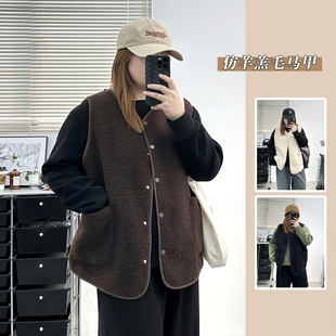 大码 羊羔绒马夹加厚加绒背心外套女胖mm欧货外穿马甲 秋冬新款
