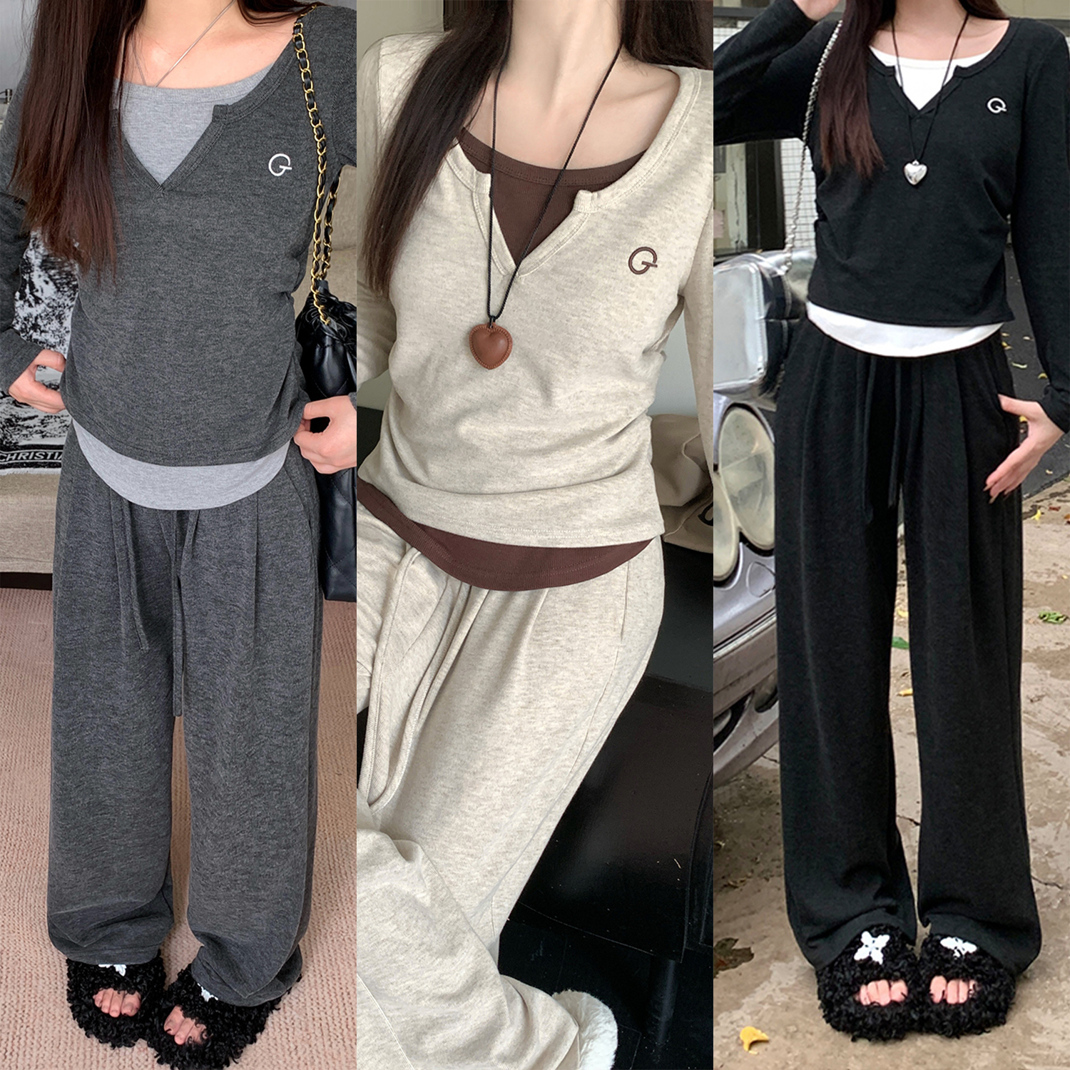 运动风上衣宽松阔腿裤两件套