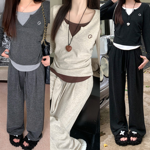 运动风上衣宽松阔腿裤两件套