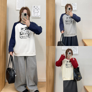 秋季 卫衣女新款 胖MM小众设计感印花上衣 微胖复古插肩长袖 宛宛大码