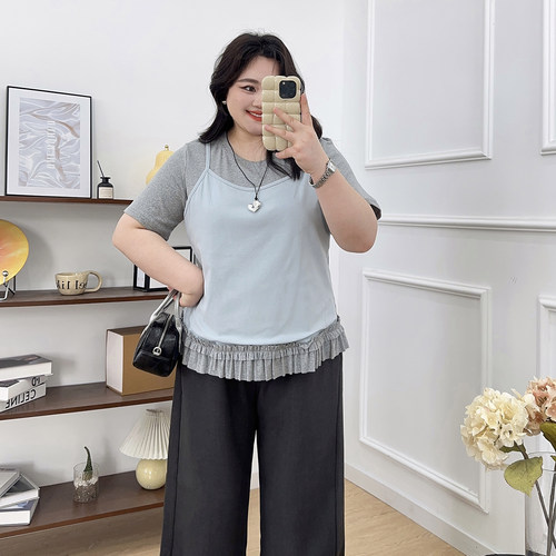 大码休闲短袖针织T恤女2026新款夏季假两件体恤胖MM遮肉显瘦上衣