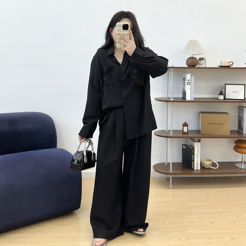 宛宛大码秋装新款胖mm阔腿裤套装时尚减龄气质长袖衬衫裤子两件套