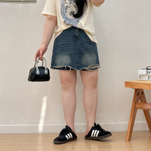 大码复古做旧牛仔短裙裤女高腰夏季胖mm遮肚显瘦小个子a字半身裙