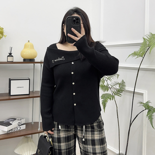 一字肩毛衣内搭长袖 女秋冬胖mm显瘦法式 上衣 露锁骨针织打底衫 大码