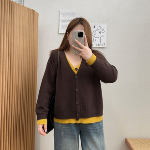 宛宛大码秋冬季假两件撞色针织衫女装宽松内搭毛衣胖妹妹显瘦上衣