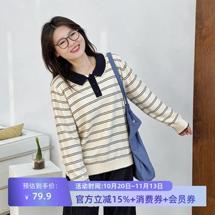 宛宛大码女装黑白条纹毛衣针织衫早秋新款胖mm宽松polo领套头上衣