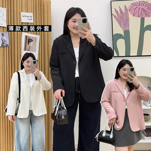 大码2025春夏季胖mm宽松时尚西装高级感薄款西服外套雪纺衫200斤