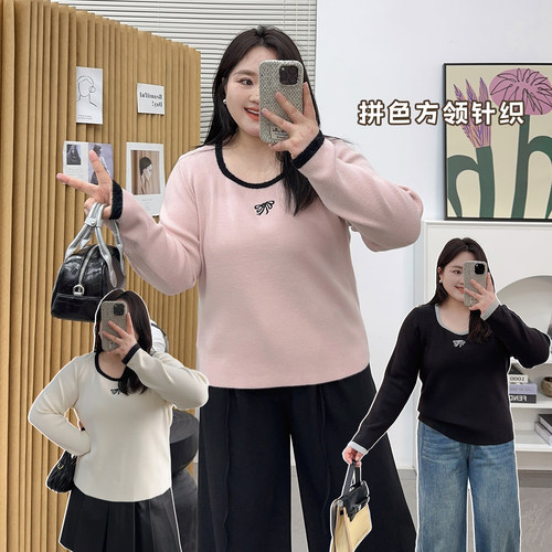 宛宛家拼色方领针织衫百搭