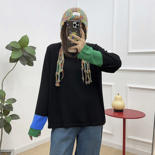 女装 t恤新款 撞色袖 针织衫 胖mm巨显瘦内搭上衣 口圆领长袖 宛宛大码