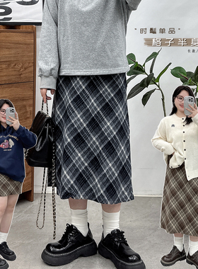 大码复古黑色格子毛呢半身裙女胖mm微胖秋冬高腰包臀a字格纹短裙