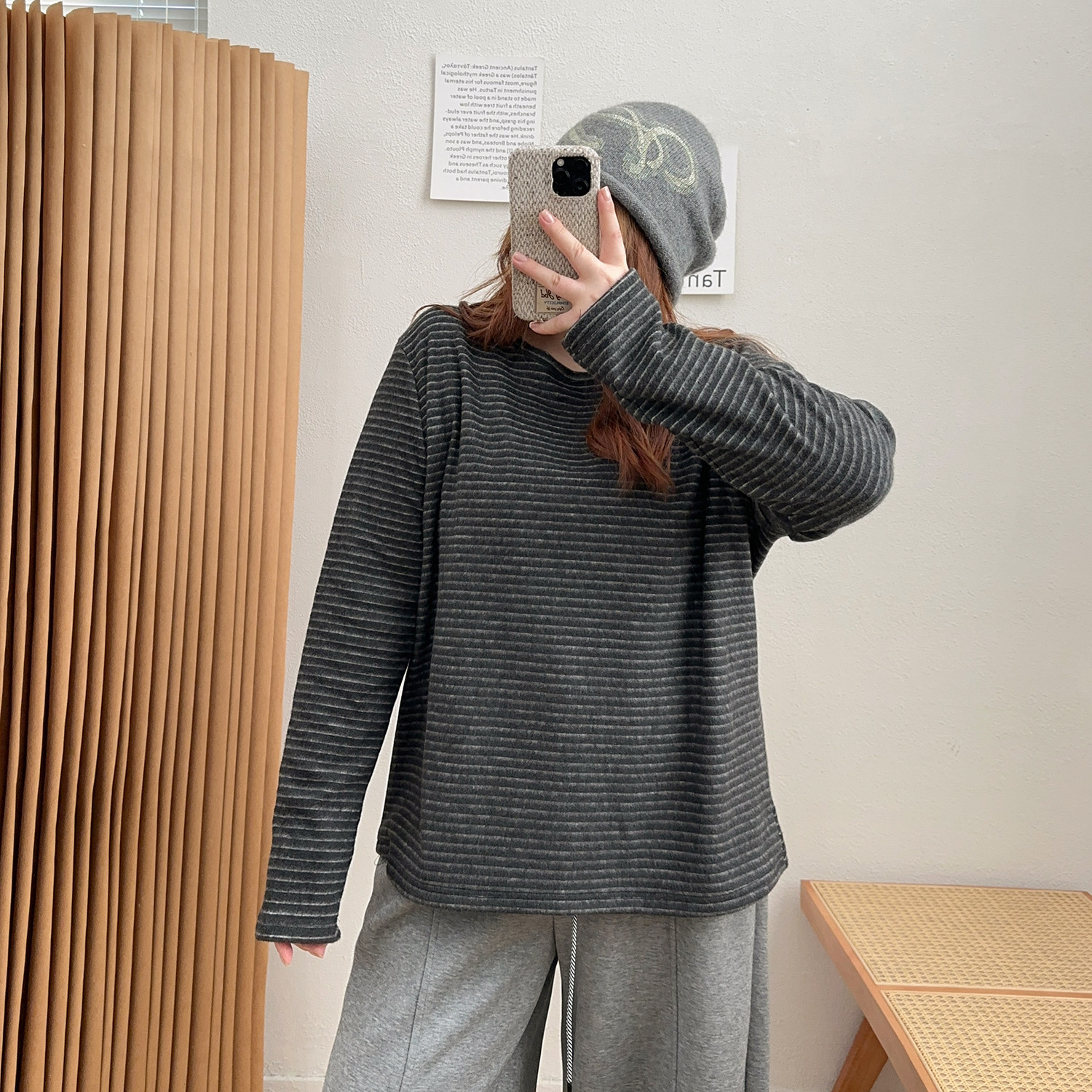 宛宛大码胖MM条纹德绒长袖t恤打底衫女秋冬季宽松内搭磨毛上衣潮