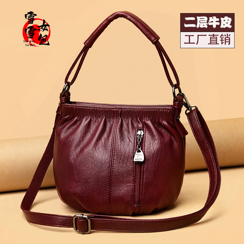 真皮小包包女2025新款复古时尚水桶手提包软皮中年妈妈单肩斜挎包