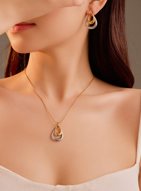 跨境网红爆品时尚百搭钛钢双层拼色水滴吊坠项链耳环套装饰品