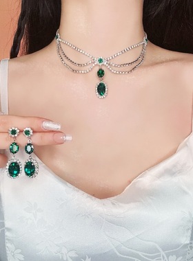 银针镶钻多层项链耳环套装欧美复古风祖母绿锆石感气质饰品女