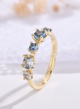 日系渐变色蓝白托帕石多宝石锆石戒指女款镀金轻奢活口可调节指环
