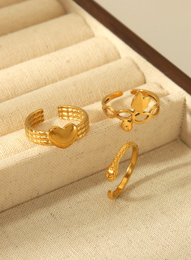 跨境热销轻奢感小众气质耳钉电镀不锈钢爱心花卉蛇形开口戒指