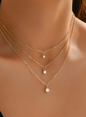 欧美跨境饰品时尚简约多层圆形水钻吊坠项链女气质性感锁骨链