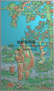 精雕图太白醉酒精品山水人物门板灰度雕刻图迎客松童子提灯浮雕图
