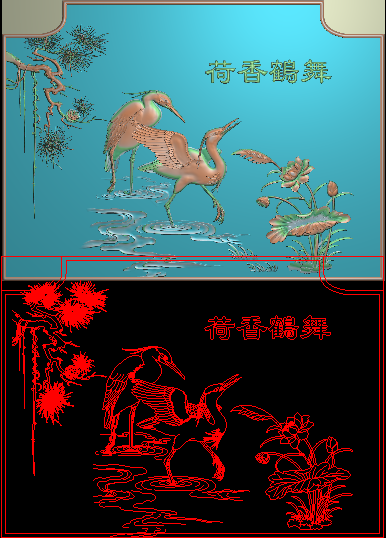 精雕图荷香鹤舞精品松鹤延年电脑雕刻图背板荷花水鹤灰度浮雕图