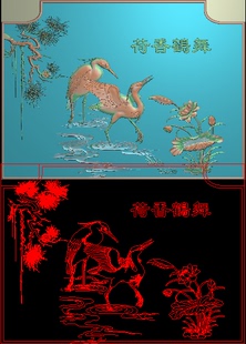 精雕图荷香鹤舞精品松鹤延年电脑雕刻图背板荷花水鹤灰度浮雕图