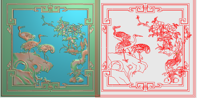 牡丹鹤精雕图檀雕松鹤精品花鸟富贵电脑雕刻浮雕图仙鹤门板灰度图