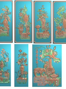 四季花瓶背板精雕图浮雕雕刻图灰度图大象如意床靠背 花瓶书柜