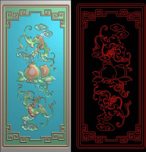 背板蝙蝠精雕图桃子福新款如意云福灰度雕刻图蝙蝠铜钱靠背浮雕图