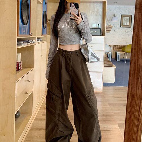 水洗全棉 美式宽松多口袋工装裤女阔腿hiphop爵士街舞长裤