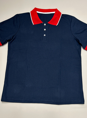 定制校服藏蓝色上衣拼接红色翻领短袖中小学生休闲舒适运动pole衫