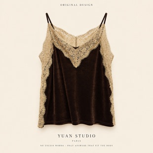 YUAN 【锦绒花蔓】进口丝绒蕾丝花边V领显瘦百搭打底吊带内搭