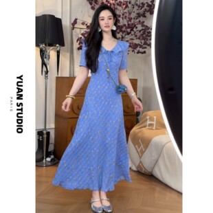 YUAN 【碧海晴空】法式复古彩花卉显瘦遮肉短袖气质优雅连衣裙