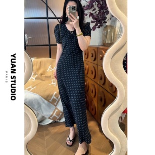 YUAN【旧梦巴黎】春夏季法式复古斜裁显瘦遮肉防晒短袖优雅连衣裙