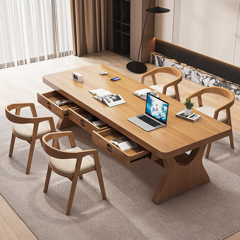 原木大板书桌现代简约多人学习桌实木带抽屉大长会议桌阅读工作台