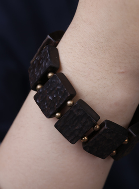 复古小叶紫檀黑檀木手排手串男陨石坑刀痕肌理潮流手链女个性气质