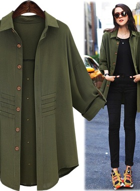 220斤外贸特大码女装胖妹妹速卖通亚马逊中长款慵懒上衣风衣衬衫