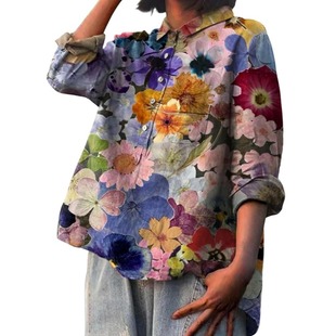 棉麻大码 休闲风外贸新款 衬衫 跨境女士长袖 上衣 印花夏威夷长袖