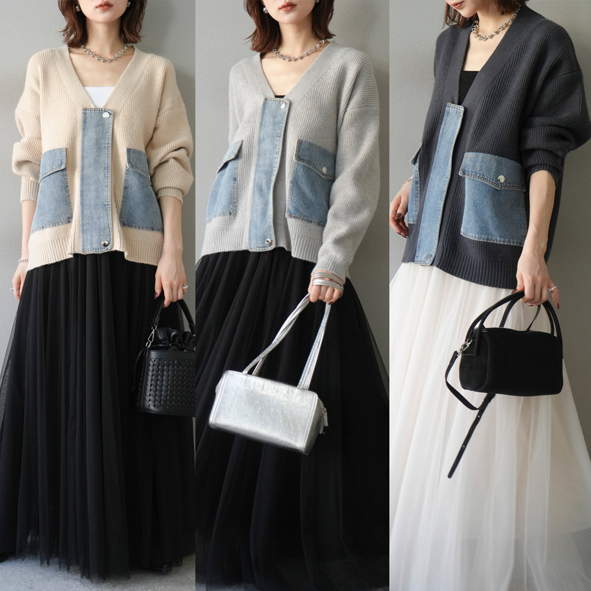 韩系秋冬女装新款针织拼接牛仔开衫外套+纯色网纱半身长裙 两件套