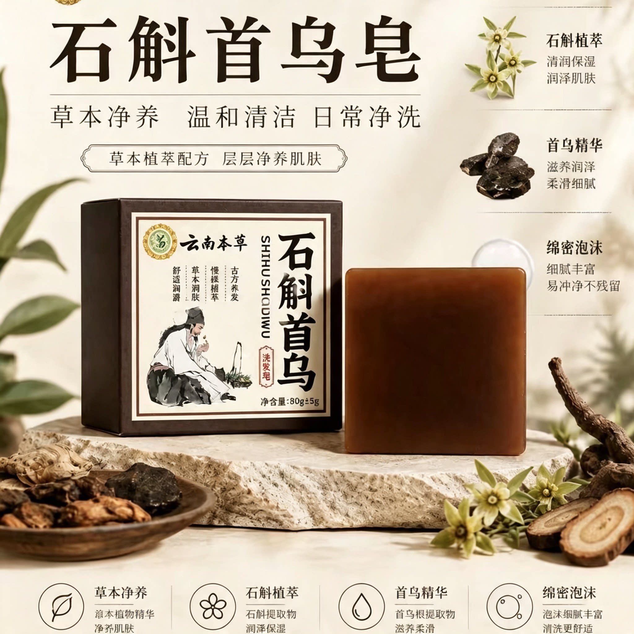 正品云南本草石斛何首乌洗发皂官方旗舰草本黑育洗头发手工皂香皂
