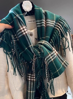 日本GP金靖同款羊绒围巾女2025新款时尚经典英伦风绿色流苏潮披肩