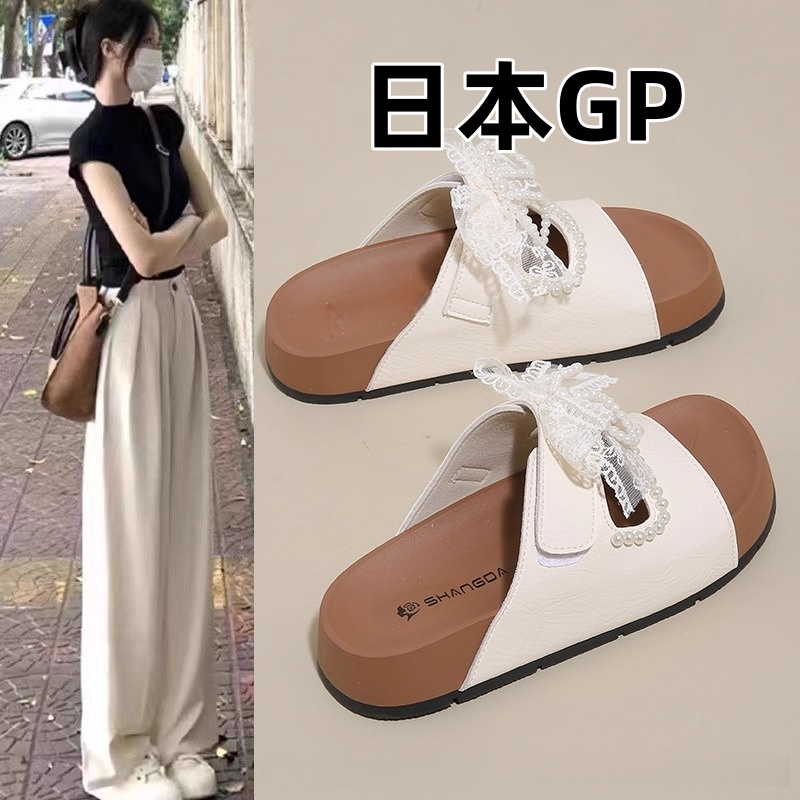 日本GP绝美蕾丝带勃肯拖鞋女外穿