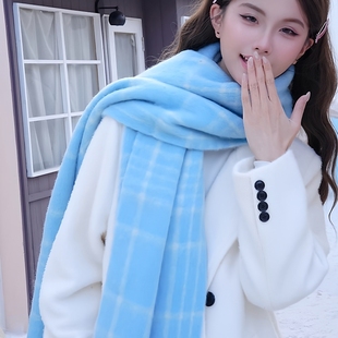 日本GP蓝白色羊毛围巾女冬季新款条纹流苏氛围感小清新洋气围脖潮