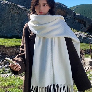 日本GP纯白色斜纹羊绒围巾女2025新款高级氛围感围脖简约保暖披肩