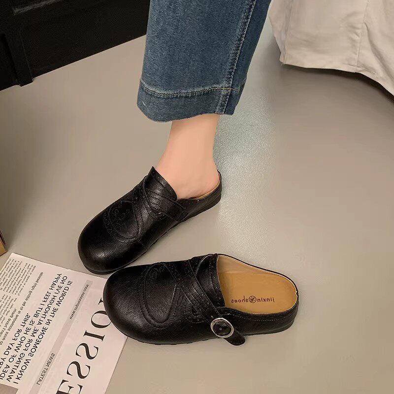 日本内增高厚底包头半拖鞋女2026春季新款百搭复古皮面勃肯半拖鞋