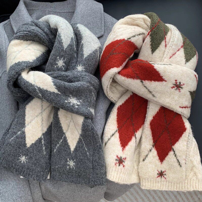 日本GP氛围感韩系灰色菱形格子围巾女冬新款羊毛保暖围脖百搭披肩