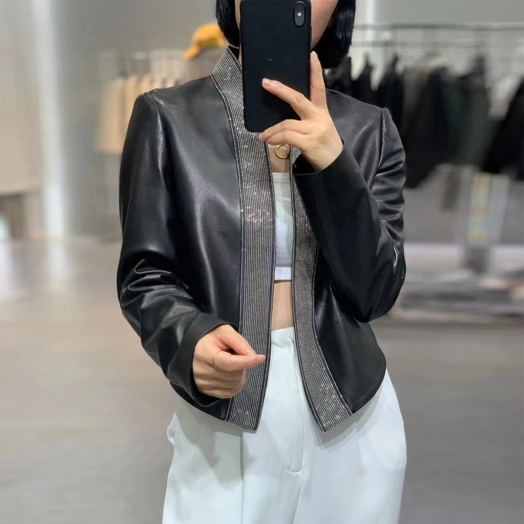 海宁2023新款时尚名媛真皮皮衣女高级感短款修身绵羊皮皮夹克外套