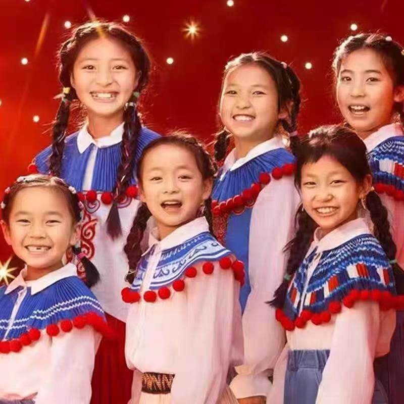 春晚玉盘同款披肩玉盘披肩男女合唱服云肩儿童演出服问月童谣套装图片
