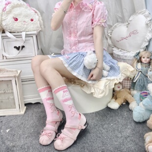 原创洛丽塔少女袜子超甜美女孩提花粉色蝴蝶结中筒学生袜软妹lo袜