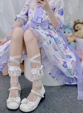 日系洛丽塔系带袜子白色蕾丝花边蝴蝶结Lolita镂空水晶仙女丝袜女