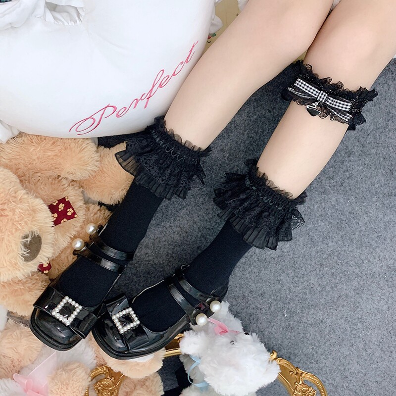 日系少女花边中筒袜lolita软妹学生唯美蕾丝仙女甜酷绑带堆堆袜女